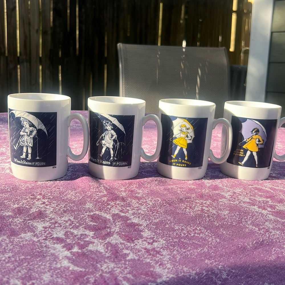 Vintage Morton Salt Mugs 1914 1921 1956 and 1968 - When It Rains It Pours